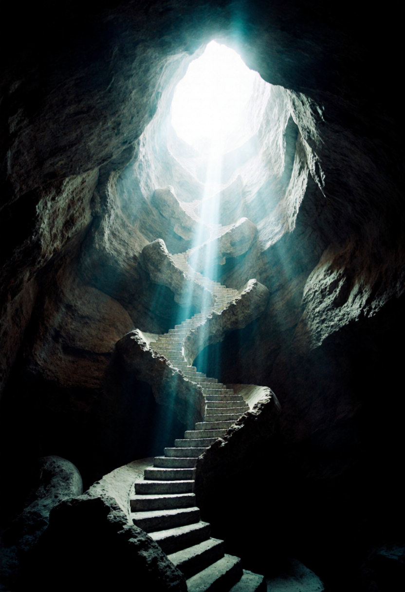 A stone staircase winding upward through a natural cave chamber toward a bright opening at the top. The irregular stone steps curve and zigzag through the rocky cavern interior, carved into the rough cave walls. Intense white light pours down from the cave opening above, creating dramatic contrast with the dark stone surfaces and casting the lower portions of the cave into deep shadow. 