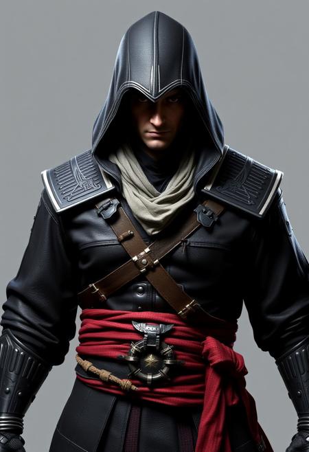 assassin's creed character, japanese samurai costume, black clothes, leather armor, neutral grey background