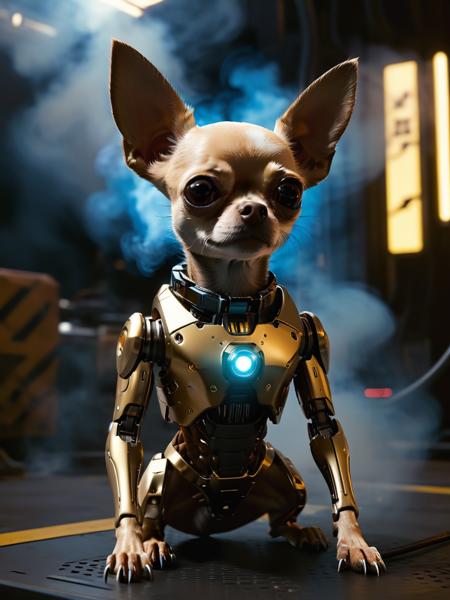 <lora:3DCyberpunkStyle_Hap_XL:1.3>,cyberpunk 2077 style,  <lora:hand 4:0.00001>, perfect,detailed, Cyborg Chihuahua central in action-packed poster, segments shifting and panels revealing rusty, robotic cyborg form, cybernetic implants evident, golden ratio, 4k resolution, sharpened focus, ultra-detailed craftsmanship, dark Esquire-styled backdrop evoking night-time mood, dynamic posture hinting at forthcoming action, Spielberg-esque epic atmosphere, bright diodes piercing through the darkness, smoke swirling,