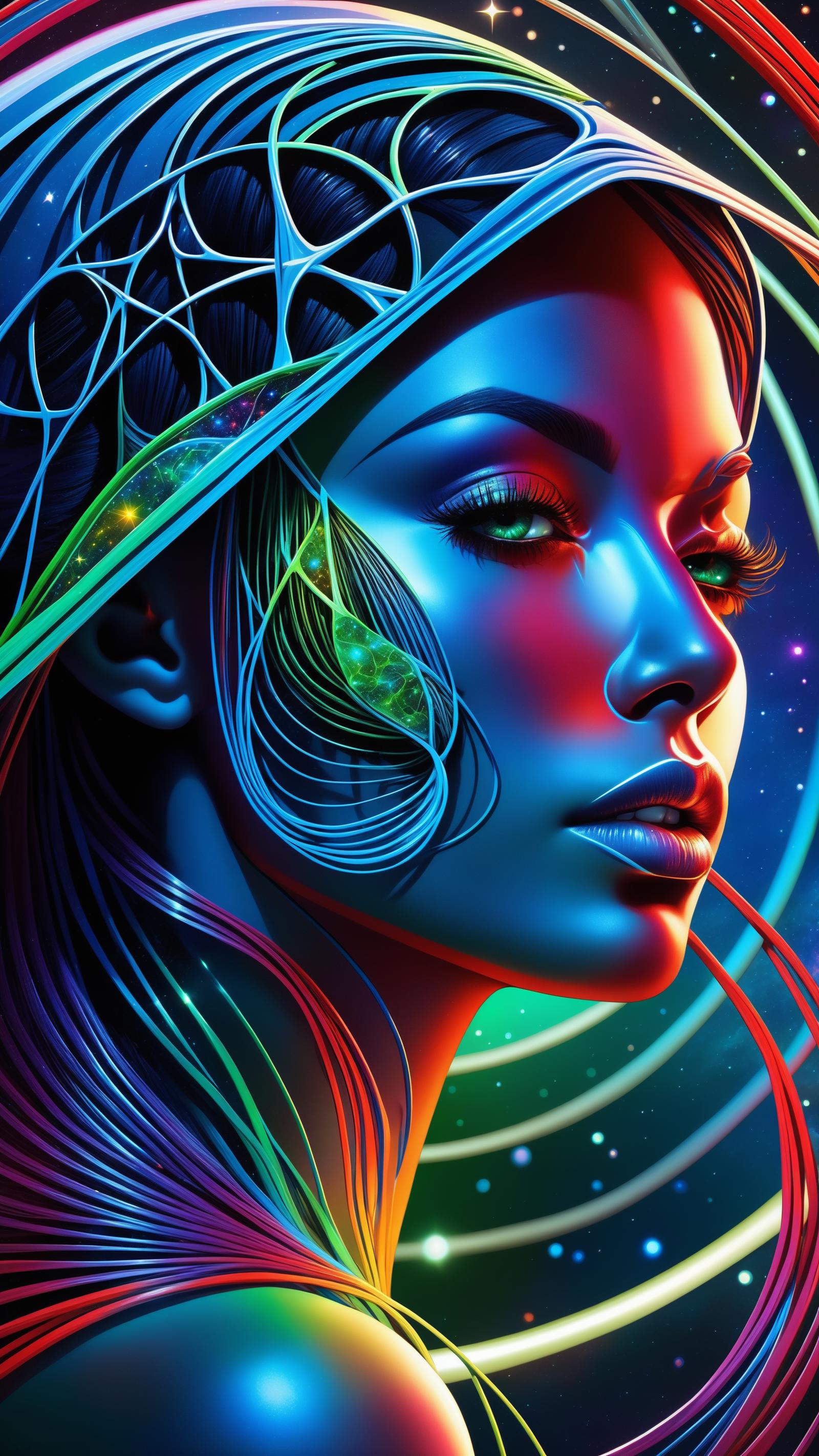 Illustration of a woman with green eyes and vibrant blue hair, surrounded by a colorful background.