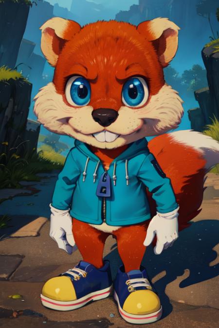 conker, blue eyes, buck teeth,  tail, 
sneakers,  white gloves,  blue jacket, zipper, long sleeves,  
solo, upper body,   standing,  smile, 
outside, plains,  
(insanely detailed, beautiful detailed face, masterpiece, best quality) cinematic lighting,
 <lora:conker-10v2:0.7>