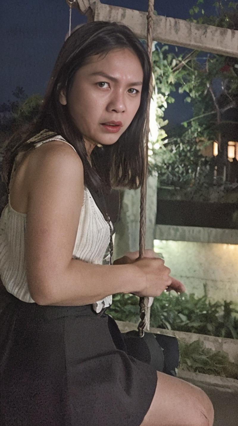 1 woman, sks ontel on a swing, 23 years-old,  front facing, movie scene pictures, serious expression, angry,  night shot, ...