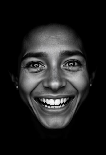 Pitch black photograph, white eyes and white teeth smiling at us