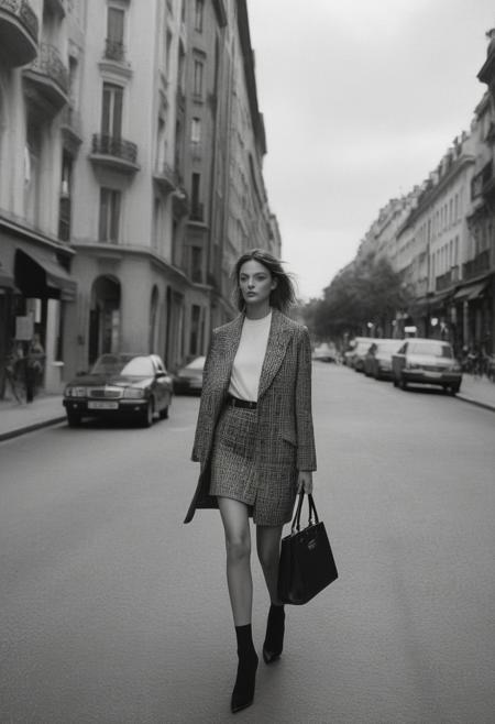 sexyai, black and white photography, Ilford HP5 Plus, Lubitel 2, a beautiful woman in a short skirt walking down the street, in style of alasdair mclellan, official dior editorial, official vuitton editorial, on a street, official versace editorial, on the street, on the street, inspired by Peter Lindbergh, official jil sander editorial, suit,, official prada editorial, as fashion editorial 90s, dior campaign, official valentino editorial, editorial of dior magazine