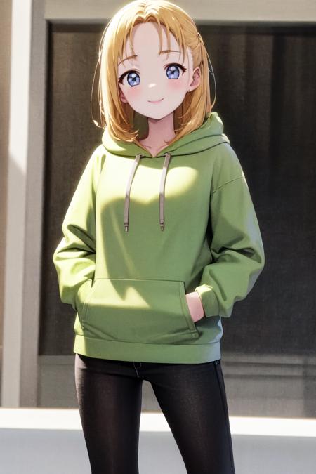 masterpiece, best quality, highres, 1girl <lora:gekai_elise_no_outfit:1> hoodie, smile, hands in pockets