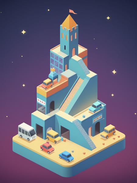 video game monument valley style, A supermarket with a car park,  stairs, gradient background, Night, starry sky, <lora:Monument Valley style:0.8>,
masterpiece, best quality, 4k, 8k, highres, high resolution,
