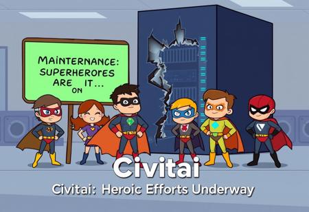 "A cartoon of a superhero team in front of a broken server, with a sign saying ‘Maintenance Mode: Superheroes Are on It’. Text: ‘Civitai: Heroic Efforts Underway’."