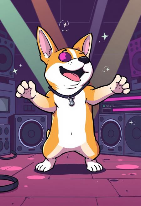 anime style, a dog break dancing with a boom box, chibi, breakdown,