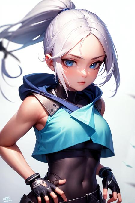 masterpiece, best quality, highly detailed, 1girl, solo, floating weapon, blue jacket, blue eyes, gloves, sleeveless jacket, fingerless gloves, white hair, floating object, ponytail, weapon, white background, jacket, kunai, black gloves, hood, cropped jacket, looking to the side, sleeveless, knife, breasts