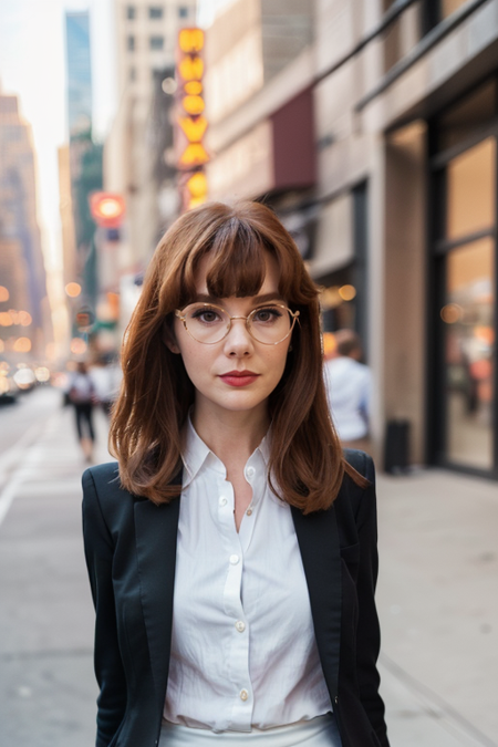 MaryBerg, photography by (Rodney Smith:1.3), ((upper body focus, shoulders)), modelshoot, pose, (business suit, black jacket, white blouse, facing viewer, busy Manhattan sidewalk, looking at viewer, blurry background, bokeh, ID photo:1.3), serious look