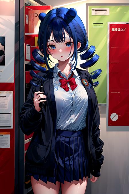 masterpiece,absurdres,1girl,<lora:DizzyDokurov1-000003>,DizzyDok,blue hair,((school uniform)),cardigan,((oversized clothes)),drill hair,