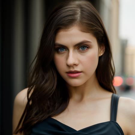 Realistic photo of a beautiful 4l3x4ndr4d-v2 woman,1girl, solo, long hair, looking at viewer, blue eyes, simple background, brown hair, dress, bare shoulders, upper body, grey background, black dress, lips, realistic, nose, soft lighting, professional Photography, Photorealistic, detailed, RAW, analog, sharp focus, 8k, HD, DSLR, high quality, Fujifilm XT3, film grain, award winning, masterpiece<lora:4l3x4ndr4d-v2:1.0>
