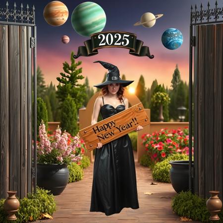 mysterious beautiful witch wearing black leather clothes holding a wooden sign where is written on "Happy New Year!!!", standing in front of a omega formed gate where above on a plate it is printed "2025". in the background is an enchanted colorful forest with marvelous flowers plants, At the sky are planets