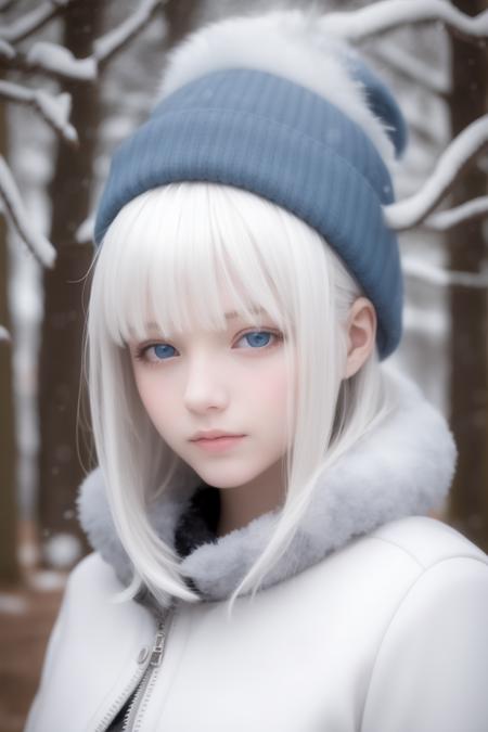 Best quality, masterpiece, White hair, blue eyes, winter, outdoor, upper body, realistic