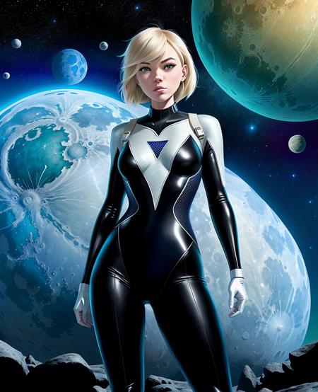 (Gwen Stacy:1.1), ultra-detailed, illustration, high contrast, a woman wearing a high tech sci-fi space suit, on the moon, horizon, moon craters, (looking at viewer, cowboy shot:1.1), atmospheric, solo,