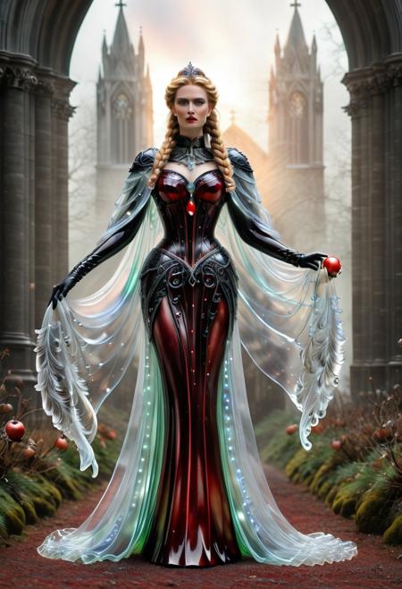 murano_glass_style, Realism_Quality_2xx_By_Stable_Yogi, (cathedral:2), indoors, standing, 1woman, solo, long hair, black choker, eyeliner, gorgeous lips, covered breasts, cinematic, best quality, ultra-detailed, very aesthetic, (natural eyes:1.4), freckles, aloof, (masterpiece:1.1), small waist, fitness body, wide hips, 32 years old, golden blond hair, censored, (big stained glass windows:1.4), (Victorian dress:2), high end closure, Evil Queen, cinemascope, moody, epic, gorgeous, film grain, (holding glowing red apple:2.4), (red ground fog:2), natural hands, red elbow gloves, knee boots, dramatic , sunset, (red sky:1.6), window, ritual magic, freyja, auburn hair, braided hair, magic, forest, Viking queen, mythic beauty, feathered cloak, fur, armor, robe, braid, rune jewelry, photorealistic, cinematic, flowers, jewelry, photorealism, cinematic lighting, high fantasy, mythic portraiture, soft background, northern folklore aesthetic, (fully dressed:2), trained,