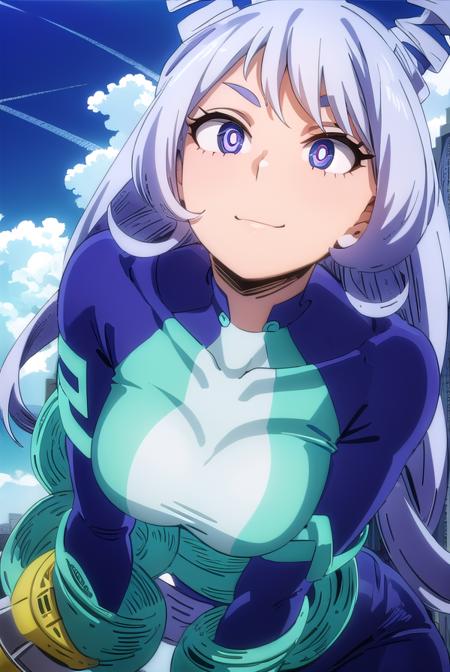 nejirehadou, <lora:nejire hadou s6-lora-nochekaiser:1>,
nejire hadou, long hair, blue eyes, very long hair, blue hair, drill hair, twin drills, hair horns, (bright pupils:1.5), smile,
BREAK gloves, bodysuit, superhero,
BREAK outdoors, city, sky, sun, clouds,
BREAK looking at viewer, (cowboy shot:1.5),
BREAK <lyco:GoodHands-beta2:1>, (masterpiece:1.2), best quality, high resolution, unity 8k wallpaper, (illustration:0.8), (beautiful detailed eyes:1.6), extremely detailed face, perfect lighting, extremely detailed CG, (perfect hands, perfect anatomy),