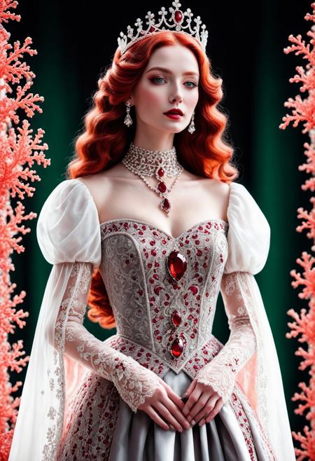 (masterpiece), (illustration), (castle), (pale skin), (grace lady), jewelry-tiara, //ruby_deep-orange hair, long_wavy hair//, //shiny-green eyes//, nose, (shiny lip), closed mouth, (huge breasts:0.8), //gray long lace dress//, //white garter, elbow gloves, royal_cape//, looking at viewer, standing, close-up, <lora:conceptSceneryScene_v10:0.7>, <lora:add_detail:1>, coralbugXL, <lora:coralbugXL:1.4>, deepdarkocean,  censored, puffy sleeves, closed dress, beautiful high-neck top, fully dressed, hands hidden.