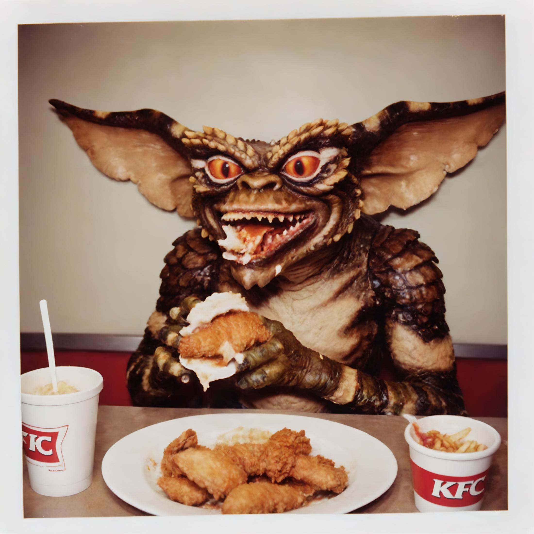 A monster with a fork in its mouth sitting at a table with a plate of fries and a drink.