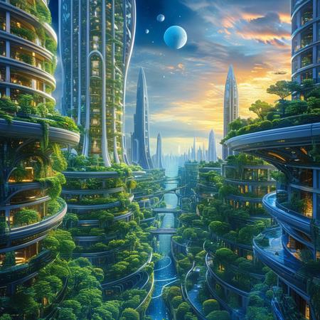 score_9, score_8_up, score_7_up, designed by Vincent Callebaut, Sci-fi metropolis, busy streets, alien world, multiple moons, concept art, detailed, masterpiece