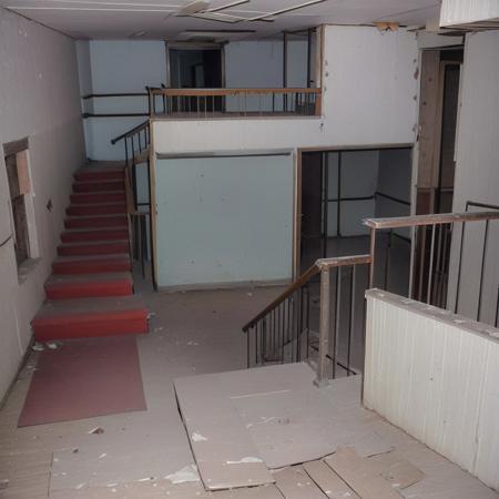 inside an abandoned rural house, staircase