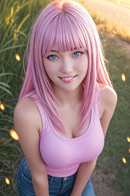 long hair, pink hair, blue eyes, sunset, light particles, fireflies, volumetric lighting, tank top, large breasts, smile, sparkling eyes, blunt bangs looking at viewer, cowboy shot, from above