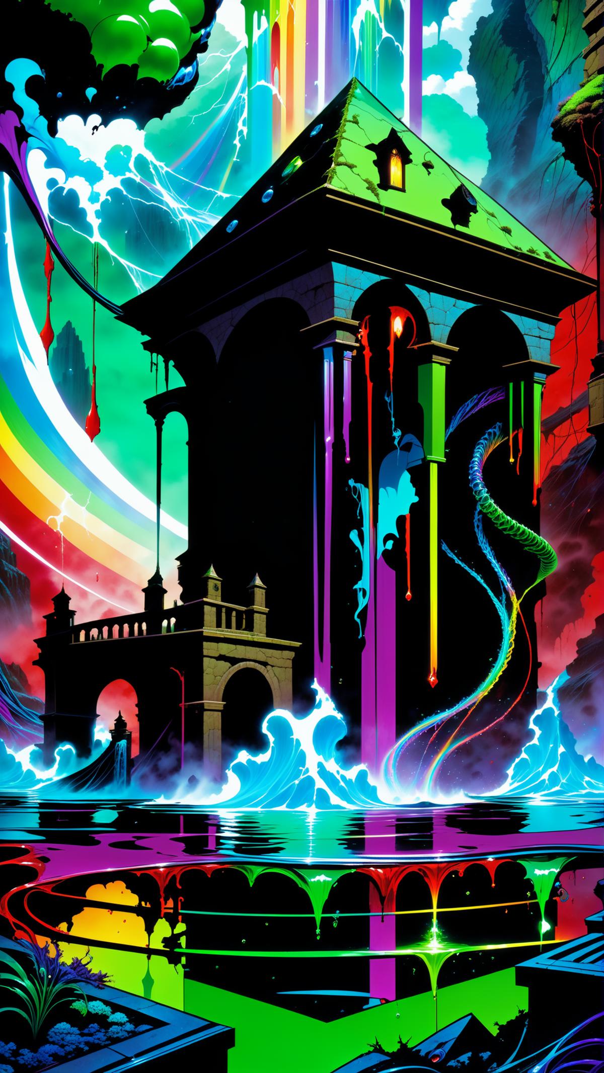 A fantasy artwork of a castle with a rainbow colored dragon and a black octopus in front of it.
