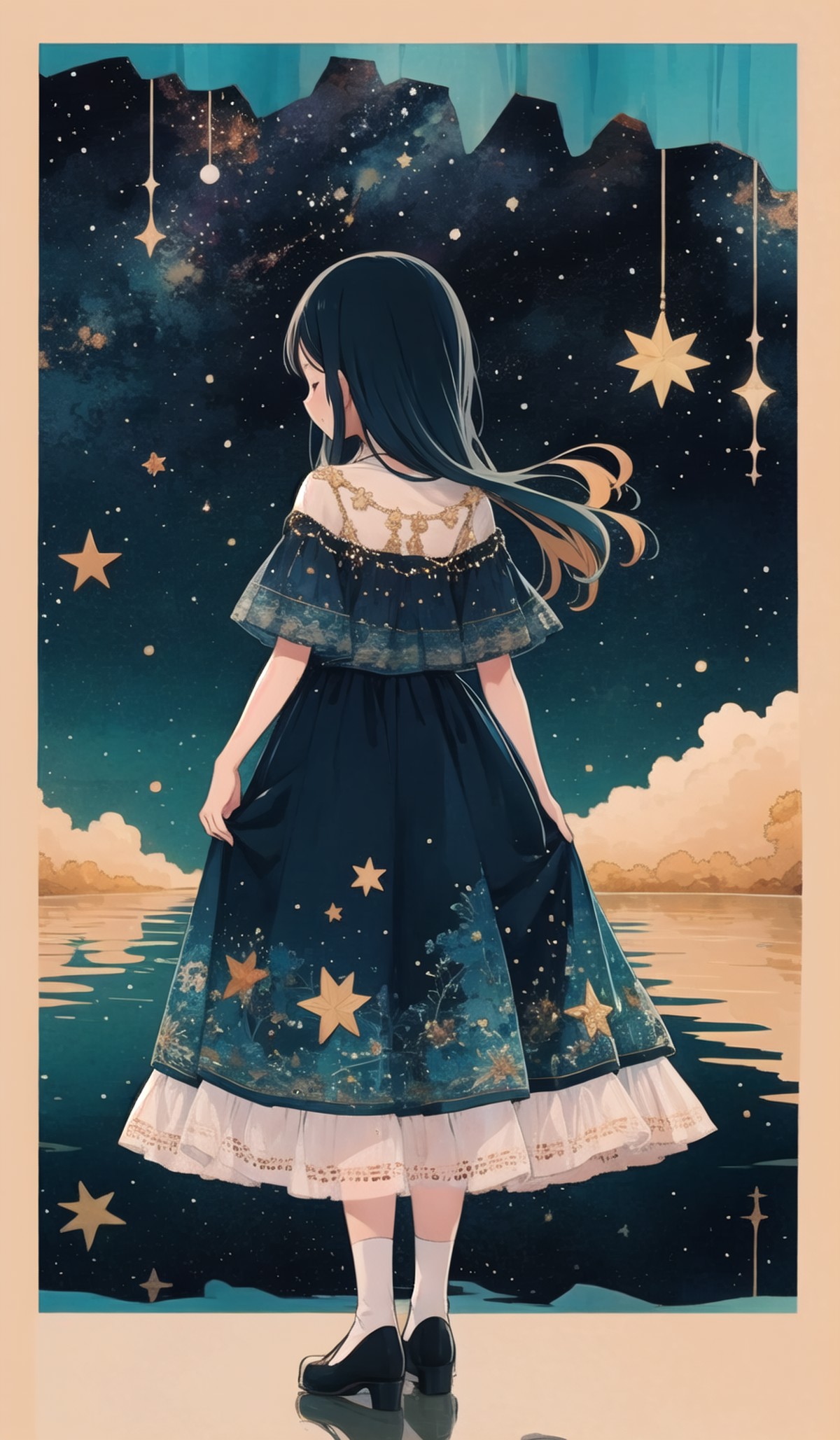 whitestar, 1girl, long hair, solo, dress, star (sky), standing, from behind, star (symbol), sky, reflection, starry sky  <...