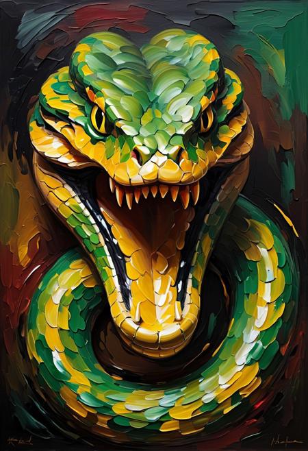 In an abstract impressionist style, the painting of green snake, bold impasto brushstrokes and a rich Baroque-inspired color palette, (((An angry, gaping, aggressive snake head, ready to sting, hisses threateningly at the camera))), The composition is centered, rendered with bold, expressive strokes that intertwine seamlessly with the surrounding abstract elements. The form melds into the fluidity of the background, where deep, shadowy tones and warm, glowing highlights provide dramatic contrasts, characteristic of Baroque lighting techniques. The heavy impasto brushstrokes evoke a sense of movement and emotion, with the rich, layered colors lending the painting a sense of opulence and drama, inviting both personal interpretation and emotional engagement in a true blend of abstract impressionism and Baroque aesthetics"