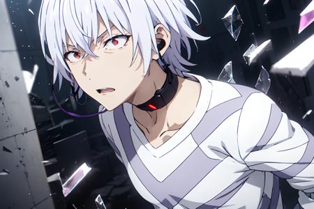 pha accelerator, 1boy, (red eyes:1.4),  accelerator (toaru majutsu no index), constricted pupils, white hair, shirt, solo, choker, striped shirt, striped, albino, earphones, pants, hair between eyes, short hair, collarbone, white shirt, crazy eyes, explosion, ruins,
(masterpiece:1.2, best quality), high contrast, ((cinematic light)), black light particles,(broken glass), portrait, upper body,
<lora:accelerator-v1-ph_16:1>