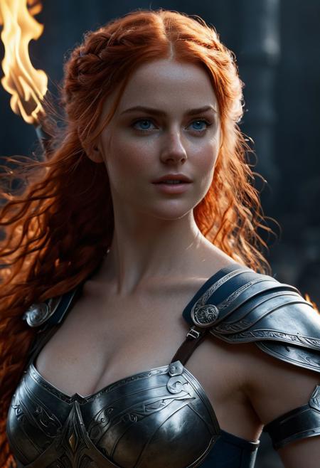 Valkyrie standing with flaming sword, 1girl, Eastern European, goddess, red hair, light fair skin, light complexion, dark blue eyes, black pupils, medium breasts, petite, 21 year old, exquisite beauty, soft youthful ethereal features, radiant, soft physique, wings on back, ultra HD, 8k, best quality, super complex details, hyper detailed, expressive, award winning, (ultra realistic), textured skin, sharp focus, Cinematic Lighting, photo realistic, 4k, natural, global illumination, Cinematic, symmetrical face, full body focus