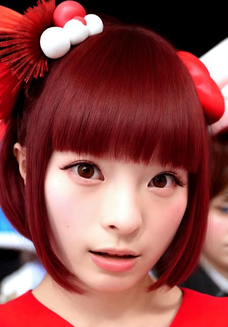 1girl, pamyurin, stage, audience, crowd, facing viewer, looking at viewer, eye contact, outdoors, festival, blank stare, red hair, petite, flat_chest, blush, long_eyelashes, fake_eyelashes, masterpiece, absurdres, highres, realism, close-up, hair accessories, harajuku fashion, teen girl, (open_mouth:0.2)