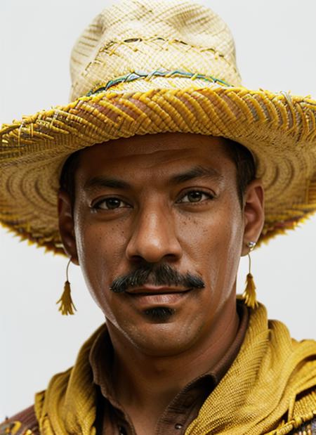 a photo of (em1), a man with a mustache (wearing spaghetti western costume), (blue and yellow poncho) (wide brim sombrero) (simple white background), , (masterpiece:1.2), (photorealistic:1.2), (best quality), (detailed skin:1.2), (intricate details), (8k), (HDR), (cinematic lighting), (sharp focus), (close-up:1.2), (looking at viewer:1.1) <lora:EddieMurphy:1>