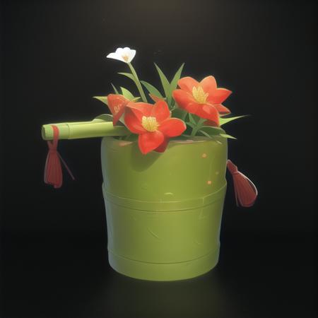 {A masterpiece, an object}, a flower on a bamboo tube, a red hanging pot, a cobblestone, a game map, (master's work),