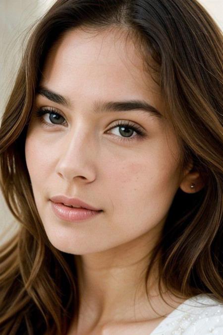 Create an ultra-realistic image of a beautiful, fictional actress. She should have a natural and elegant appearance, with distinct facial features that convey a sense of grace and poise. Her expression should be captivating, perhaps with a subtle smile or a thoughtful gaze, hinting at depth and character. The focus should be on achieving high levels of detail in her features, such as the texture of her skin, the shine in her hair, and the clarity in her eyes. The lighting should be soft and flattering, enhancing her natural beauty. The background should be simple yet classy, ensuring that the actress remains the central focus of the image. This portrait should evoke a sense of Hollywood glamour mixed with a relatable, down-to-earth charm