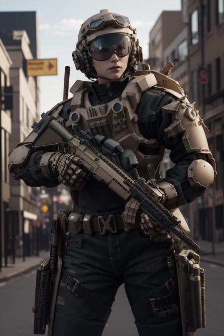 ruanyi0300,armor,assault rifle,belt,gloves,goggles,holding weapon,m4 carbine,mecha,robot,holding gun,
