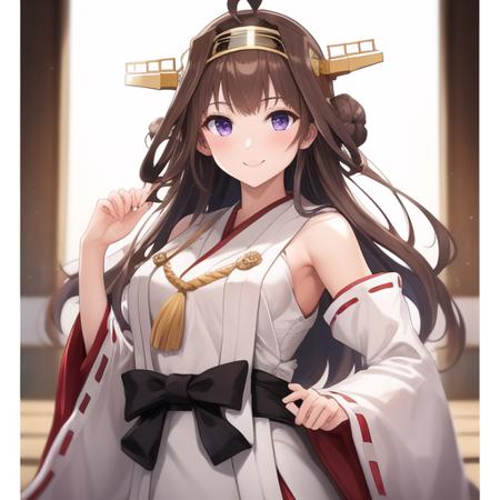 (masterpiece, best quality:1.2),illustration,8k,hd,1girl,solo,cowboy shot,brown_hair,long_hair,ahoge,hairband,hair_bun,double_bun,headgear,smile,nontraditional_miko,purple_eyes,detached_sleeves,japanese_clothes,ribbon-trimmed_sleeves,ribbon_trim,<lora:Kongou(kan)>,