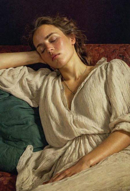 rough painting by Moebius, exhausted woman sleeping on victorian couch, young woman, soft body, oval face, round cheeks, messy and unkempt hair, night time, (drooling from parted lips, saliva on chin), detailed textures, simple necklace, soft dark colours,