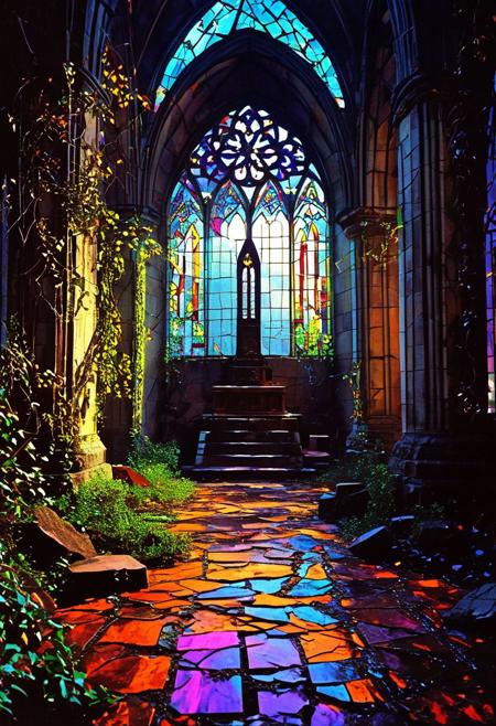 A scene of a crumbling cathedral overtaken by nature, with vines and roots weaving through broken stained glass windows and cracked stone walls. In the center, a rune-inscribed altar pulses with arcane energy, casting an otherworldly light., 
in the style of hauntingly atmospheric dark fantasy, VHS, horror, 80's horror
,grim landscapes with vibrant exaggerated neon colorful art, 
, old 80's VHS dark fantasy, VHS screen grab, grainy, old footage