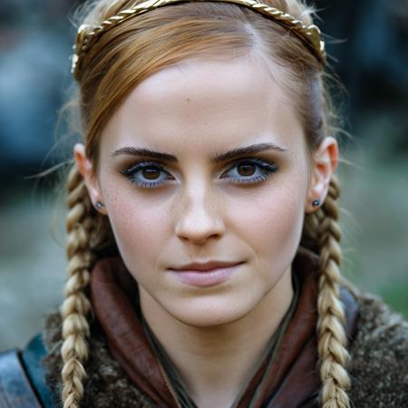 Portrait Photograph of a viking princess, skin texture visible, highest quality,Nikon P1000 camera, 135mm, f 2.8, looking directly at the camera, (symmetric:0.4),  <lora:emwatson_xl_1_standard_merge_29_72_100_03_03_05:1>, looking at the camera