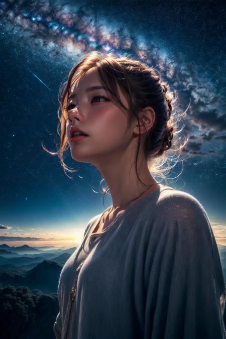 absurdres, highres, (official art, beautiful and aesthetic:1.2), close view,
1girl, shining sky, vast world, gazing, awe-inspiring expression, distant horizon, clouds, high hill, natural beauty, inspiration, night sky, Shining Stars, DOF,