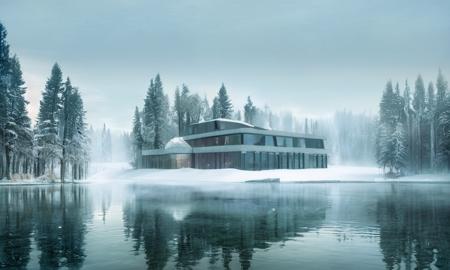 a modern architecture style building with a stone facade sitting on top of a lake next to a forest covered in snow and fog, no humans, scenery, tree, outdoors, sky, reflection, bare tree, snow, fog, building, cloud, water, night, winter, forest, house. <lora:MIRstyle-v10:1>