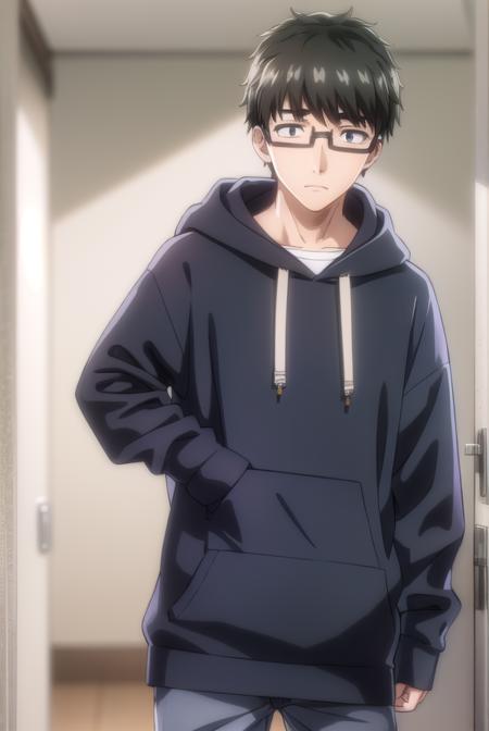 koikimomasuda, <lora:koikimo masuda s1-lora-nochekaiser:1>,
masuda, short hair, black hair, male focus, glasses, black-framed eyewear, (black eyes:1.5),
BREAK socks, pants, hood, hoodie, hood down, grey pants, grey socks, orange hoodie,
BREAK indoors,
BREAK looking at viewer, (cowboy shot:1.5),
BREAK <lyco:GoodHands-beta2:1>, (masterpiece:1.2), best quality, high resolution, unity 8k wallpaper, (illustration:0.8), (beautiful detailed eyes:1.6), extremely detailed face, perfect lighting, extremely detailed CG, (perfect hands, perfect anatomy),