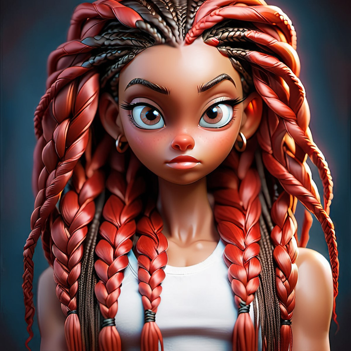 photo of a beautiful 20 year old russian girl, nude, dark red box braids, very detailed eyes, muscular