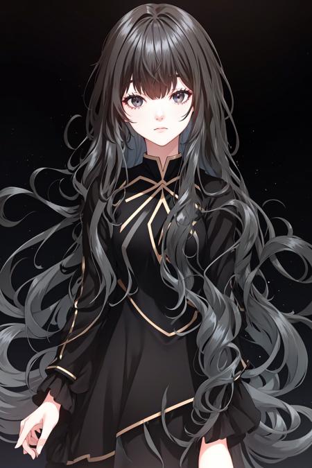 kathyln, 1girl, solo, long hair, looking at viewer, simple background, black hair, long sleeves, dress, bow, ribbon, upper body, frills, black eyes, black dress, expressionless, black background, black theme,  <lora:kathyln:1>