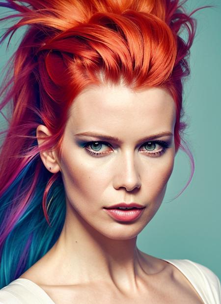 portrait of sks woman by Flora Borsi, style by Flora Borsi, bold, bright colours, rainbow Mohawk haircut, ((Flora Borsi)), <lora:locon_claudiaschiffer_v1_from_v1_64_32:1>