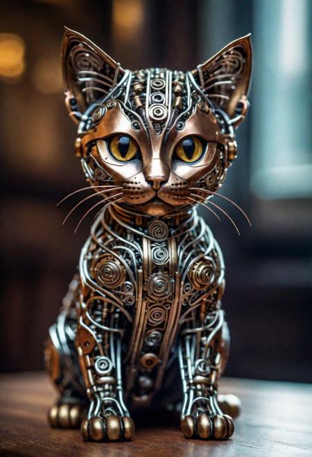 a cute kitten made out of metal, (cyborg:1.1), ([tail | detailed wire]:1.3), (intricate details), hdr, (intricate details, hyperdetailed:1.2), cinematic shot, vignette, centered