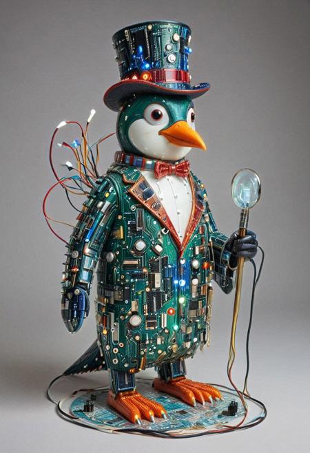 embedding:lazmpos, Transistors, pcb_style, LED, colorful LED lights, RGB lights, red green and blue penguin, art deco, top hat, cane, monocle,RetroBG