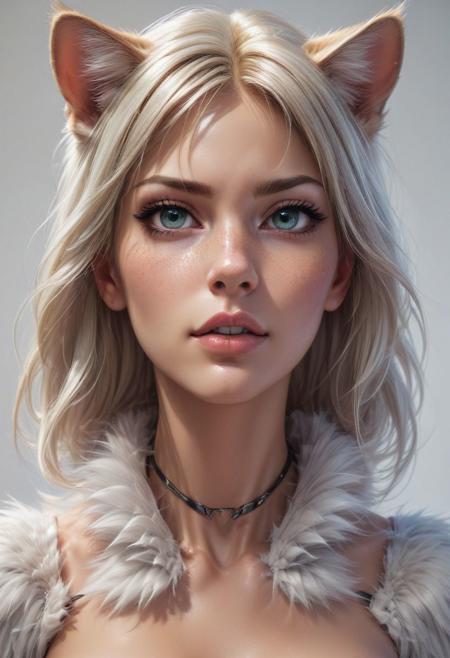 Anna as a cat, seductive pose, fur body, whiskers, philtrum, style of stanley artgerm, artgerm style, white background, simple background