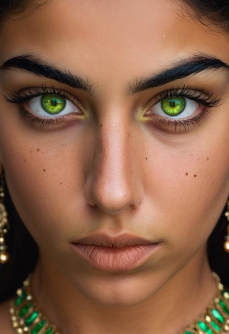 A close-up portrait of a young woman with olive skin, dark eyebrows, and striking green eyes. She appears to be wearing ornate jewelry and has a serious, intense expression on her face